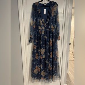 Baltic Born Layla Tulle Maxi Dress | Blue + Golden Floral- Never Worn!